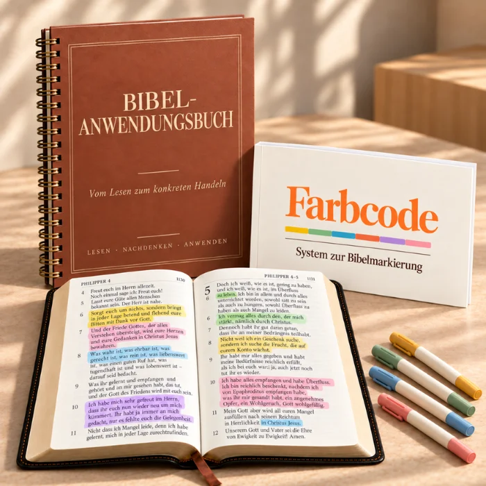Paket mit Der Bibel-Farbcode: Markierungssystem und dem Bibel-Anwendungsbuch, neben einer aufgeschlagenen Bibel mit hervorgehobenen Versen und bunten Textmarkern.